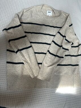 aerie Beige Crewneck Sweater with Navy Stripes